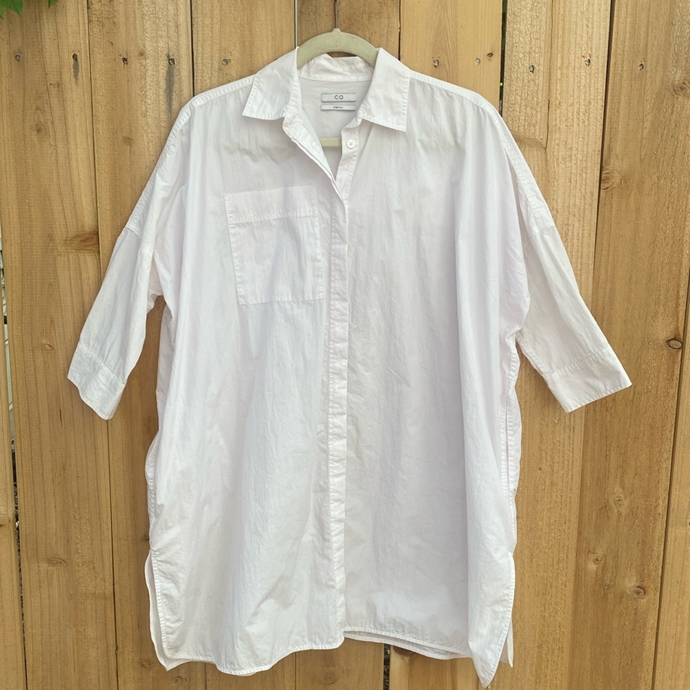 CO Size XS Short Sleeve Tunic White Oversized Boxy Button Front Cotton Blend